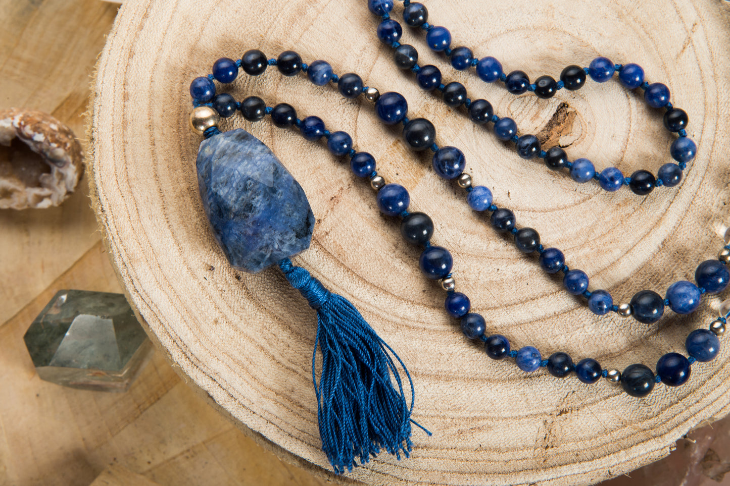 Mala Sodalite, Cristallo di Rocca, Pietra Guru Sodalite, Argento 925