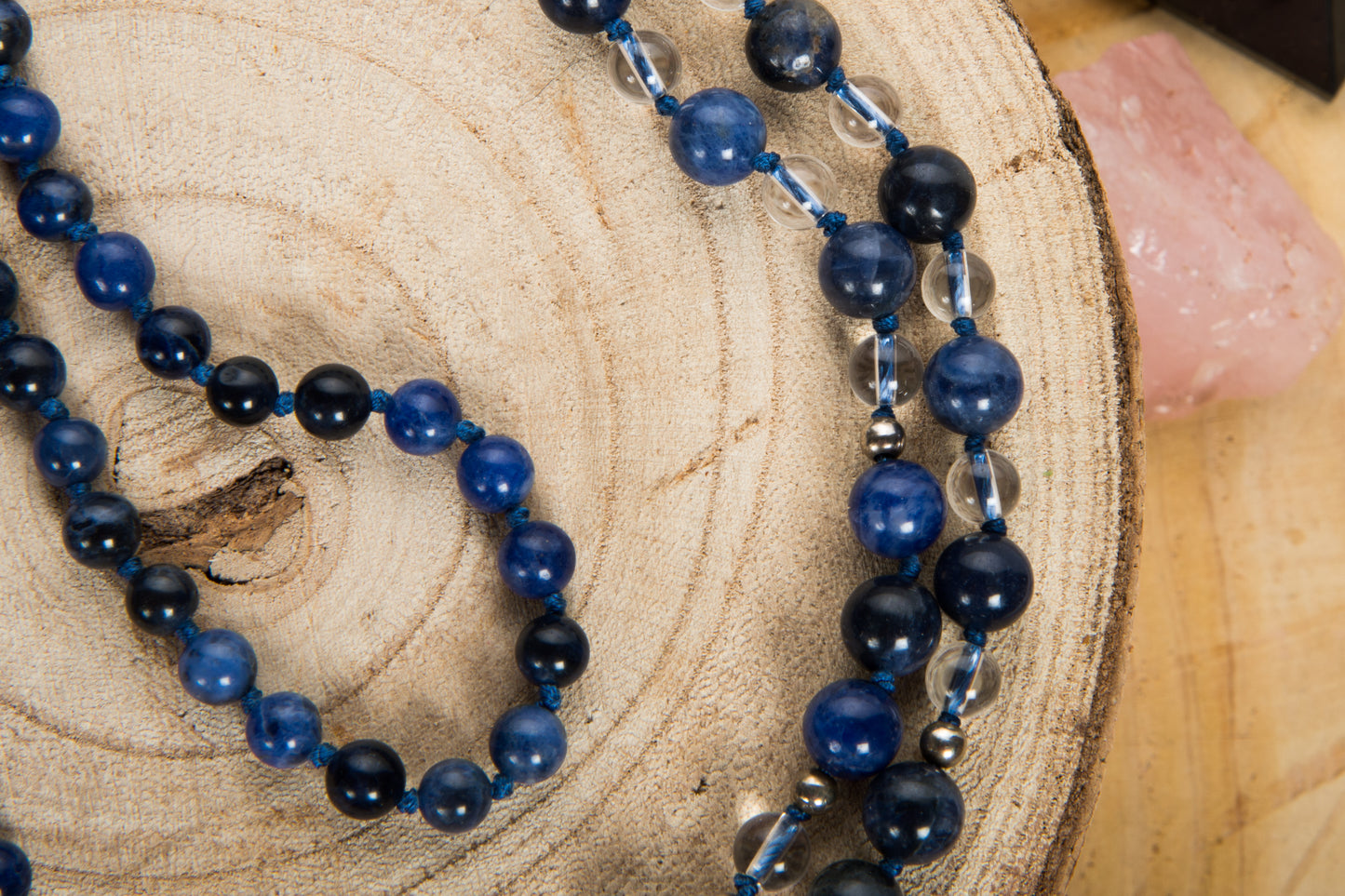 Mala Sodalite, Cristallo di Rocca, Pietra Guru Sodalite, Argento 925