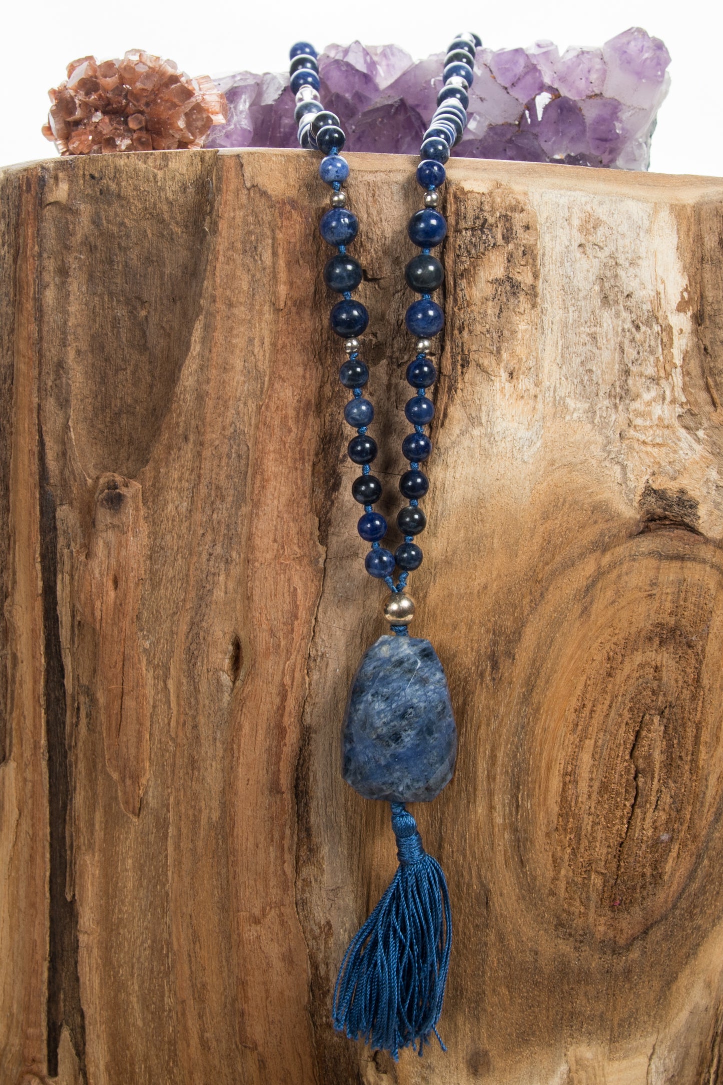 Mala Sodalite, Cristallo di Rocca, Pietra Guru Sodalite, Argento 925