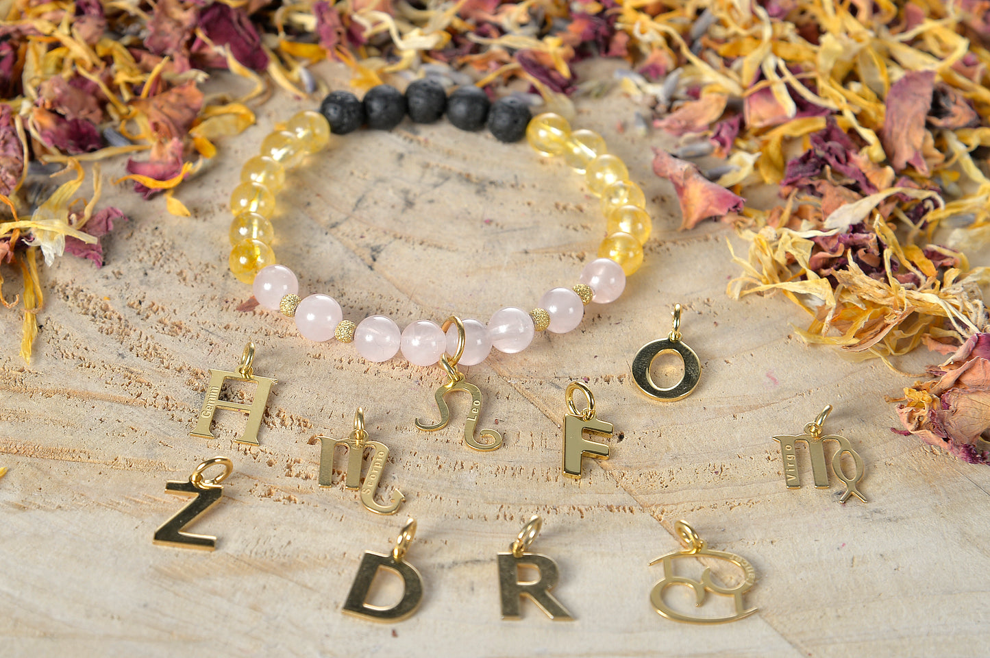 Quarzo citrino, quarzo rosa, lava, argento dorato 925, charms