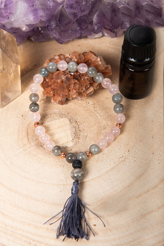 Bracciale Mala Labradorite, Quarzo rosa, Pietra lavica e Rame